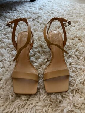 Vince Camuto Nude Tan Leather Square-Toe Ankle-Strap Heels